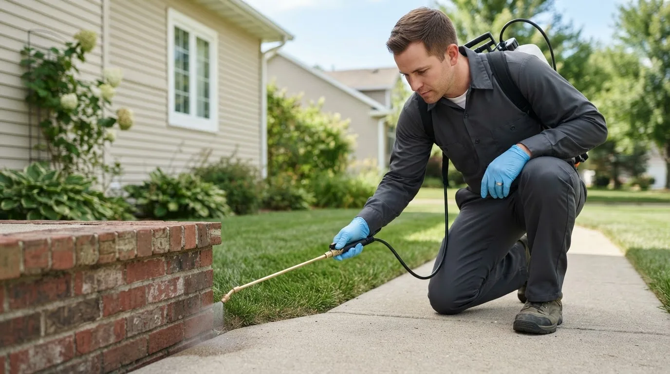 Pest control technician treating a home near West Chester, PA